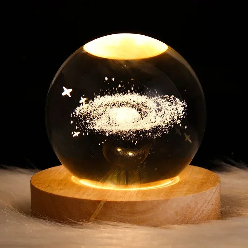 3D Luminous Crystal Ball LED Night Light - Saturn Solar System & Moon Table Lamp, USB Powered Bedroom Atmosphere Lamp