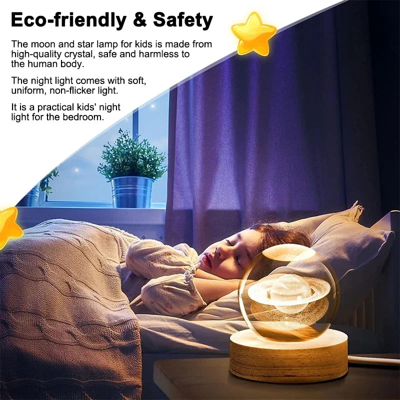 3D Luminous Crystal Ball LED Night Light - Saturn Solar System & Moon Table Lamp, USB Powered Bedroom Atmosphere Lamp