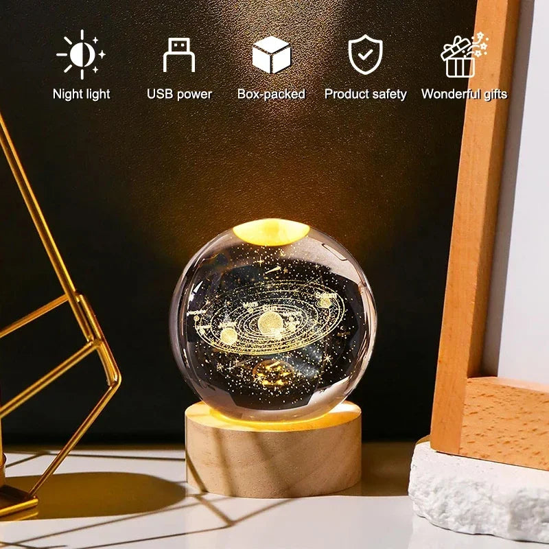 3D Luminous Crystal Ball LED Night Light - Saturn Solar System & Moon Table Lamp, USB Powered Bedroom Atmosphere Lamp