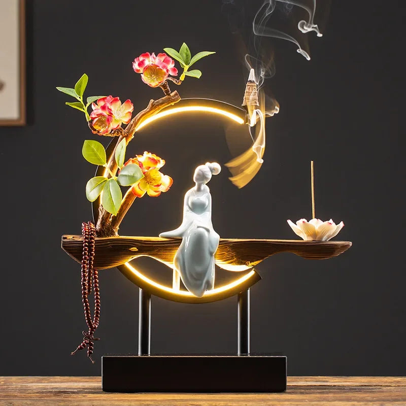 Censer Flower Incense Stick Rack Waterfall Backflow Incense Burner Lady Flower Ceramic Incense Holder with LED Light