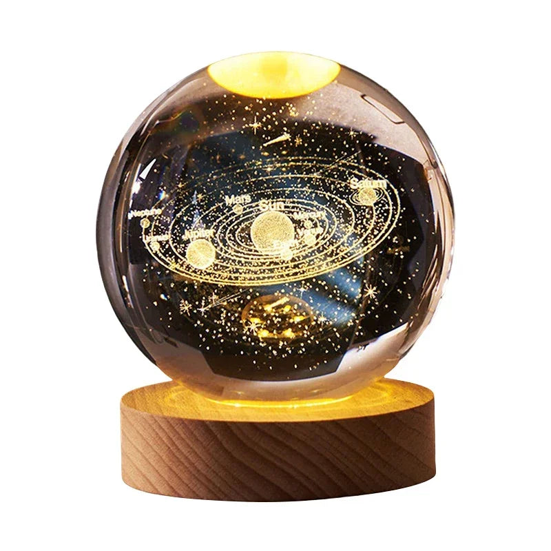 3D Luminous Crystal Ball LED Night Light - Saturn Solar System & Moon Table Lamp, USB Powered Bedroom Atmosphere Lamp