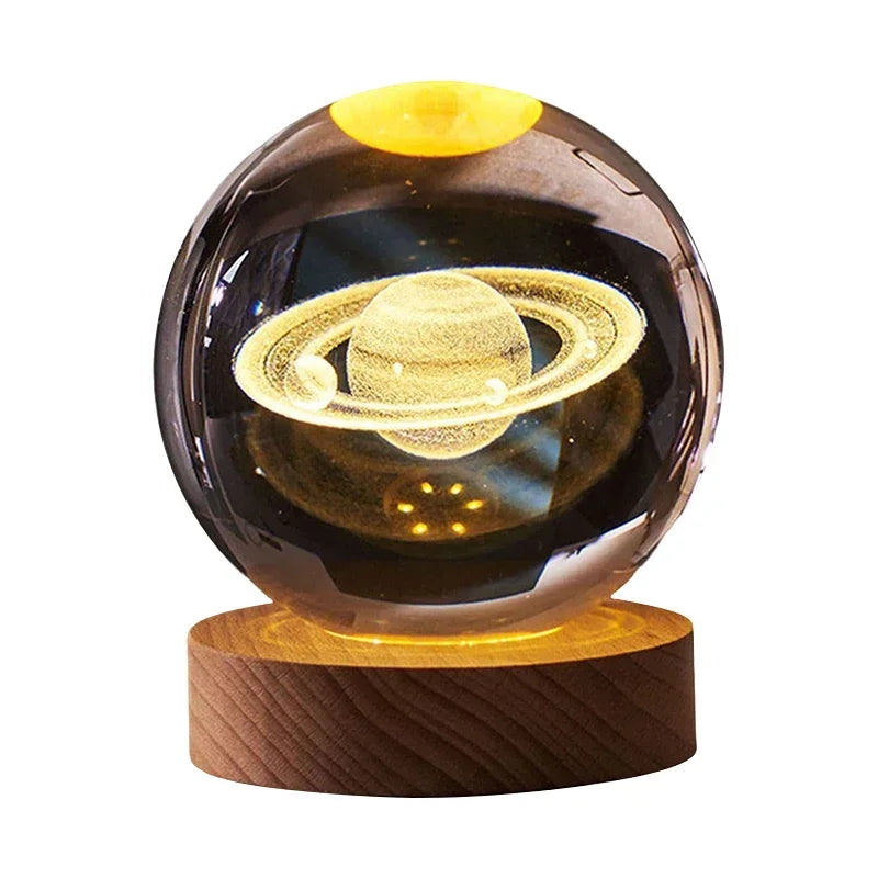 3D Luminous Crystal Ball LED Night Light - Saturn Solar System & Moon Table Lamp, USB Powered Bedroom Atmosphere Lamp