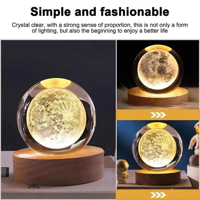 3D Luminous Crystal Ball LED Night Light - Saturn Solar System & Moon Table Lamp, USB Powered Bedroom Atmosphere Lamp