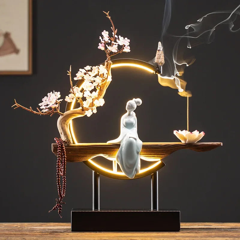 Censer Flower Incense Stick Rack Waterfall Backflow Incense Burner Lady Flower Ceramic Incense Holder with LED Light