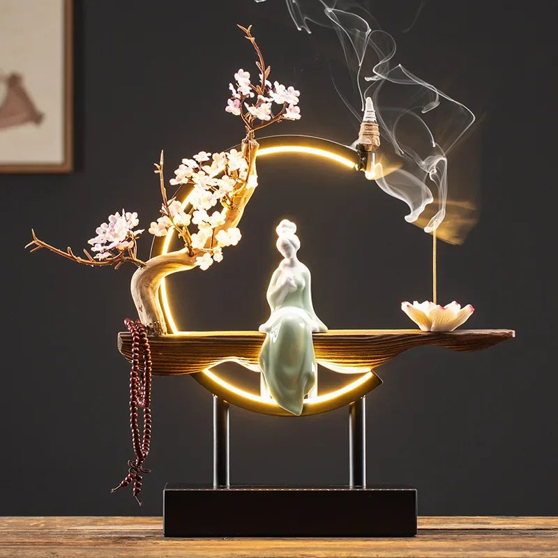 Censer Flower Incense Stick Rack Waterfall Backflow Incense Burner Lady Flower Ceramic Incense Holder with LED Light