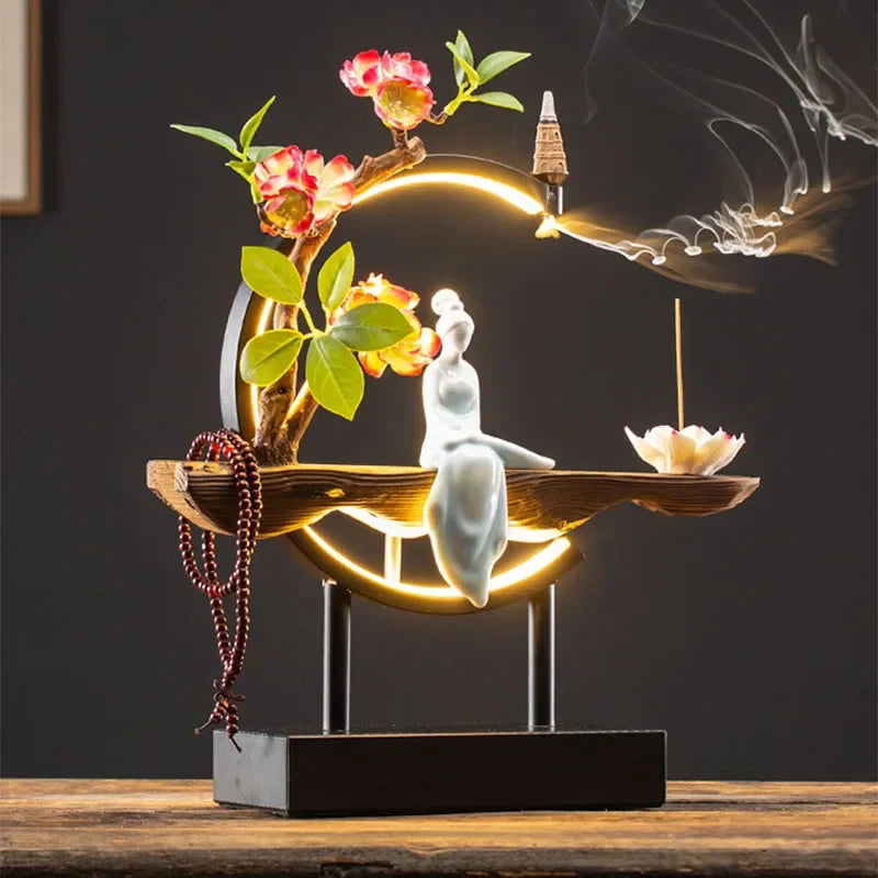 Censer Flower Incense Stick Rack Waterfall Backflow Incense Burner Lady Flower Ceramic Incense Holder with LED Light