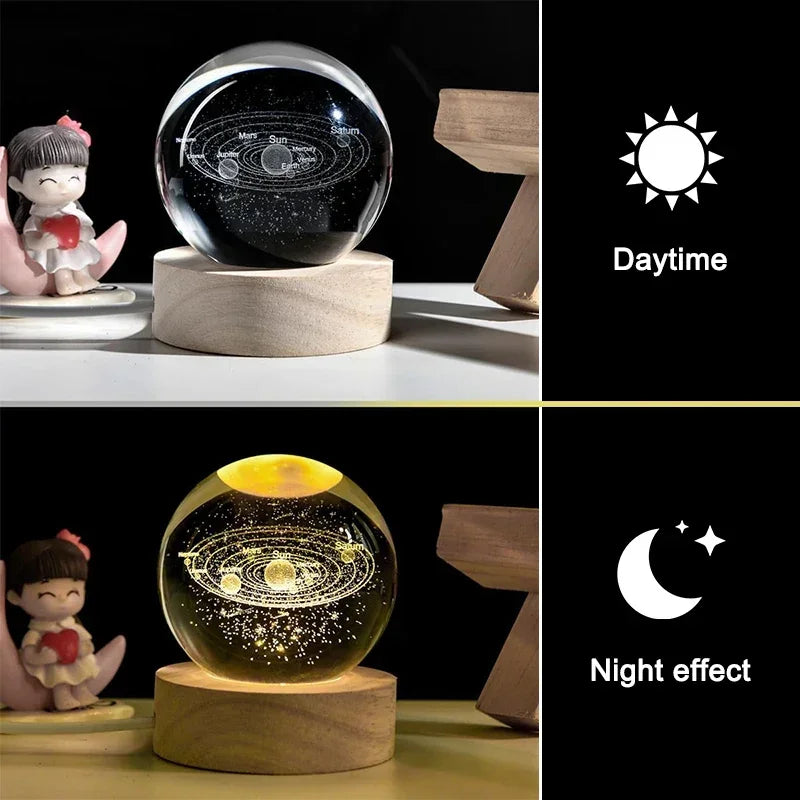 3D Luminous Crystal Ball LED Night Light - Saturn Solar System & Moon Table Lamp, USB Powered Bedroom Atmosphere Lamp