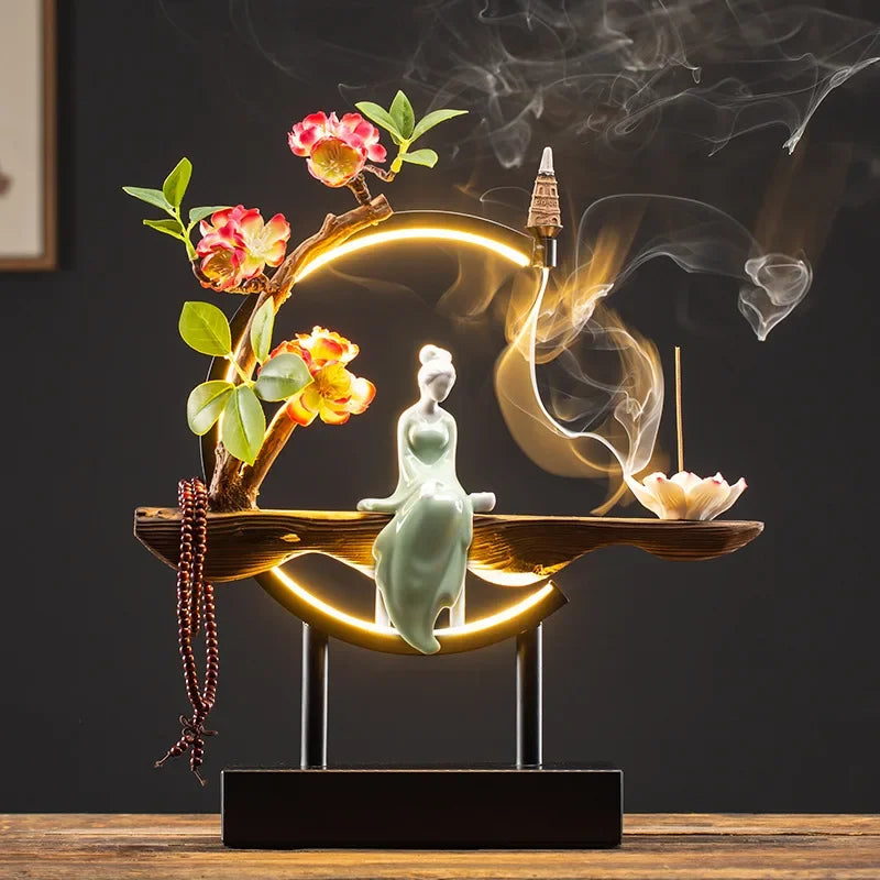 Censer Flower Incense Stick Rack Waterfall Backflow Incense Burner Lady Flower Ceramic Incense Holder with LED Light