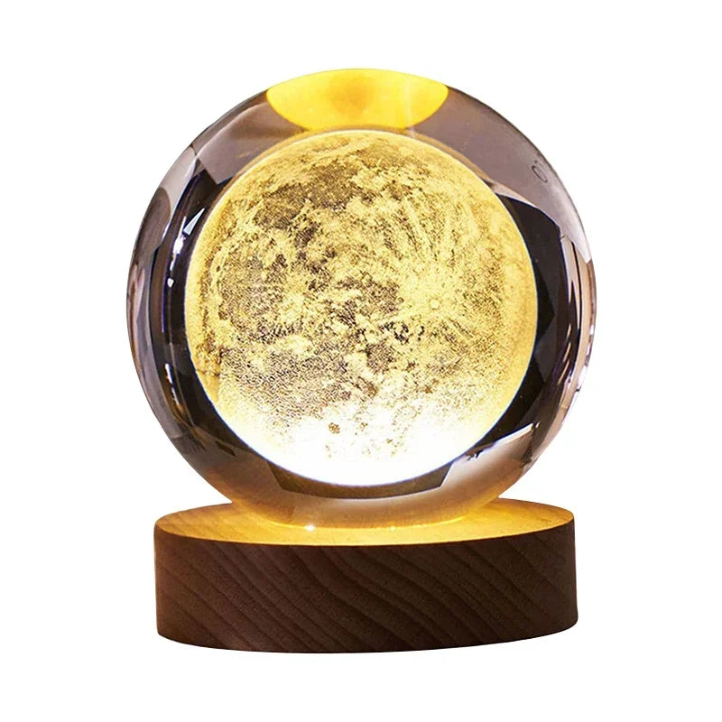 3D Luminous Crystal Ball LED Night Light - Saturn Solar System & Moon Table Lamp, USB Powered Bedroom Atmosphere Lamp