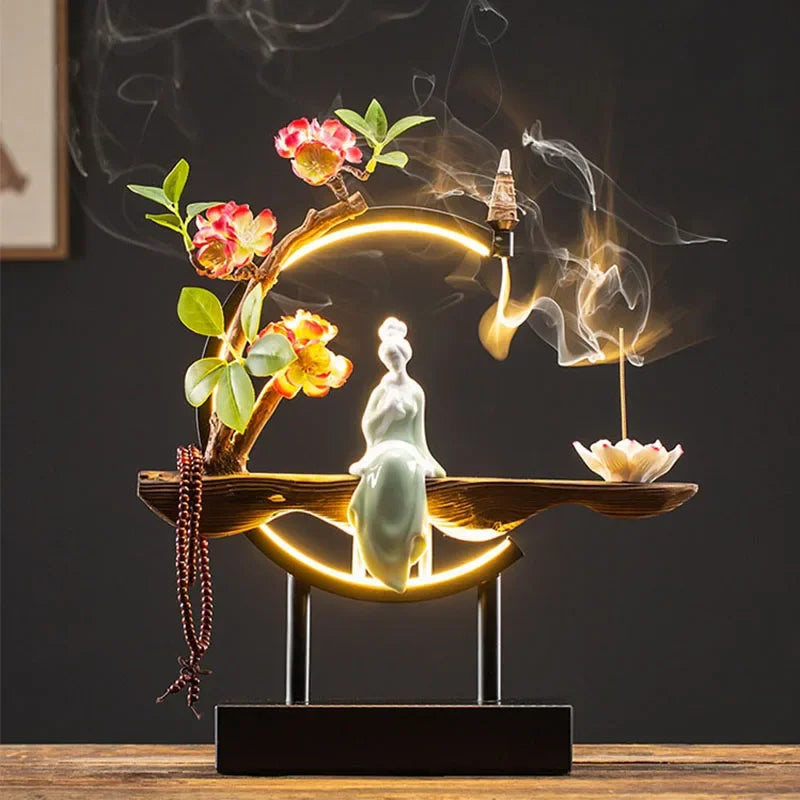 Censer Flower Incense Stick Rack Waterfall Backflow Incense Burner Lady Flower Ceramic Incense Holder with LED Light