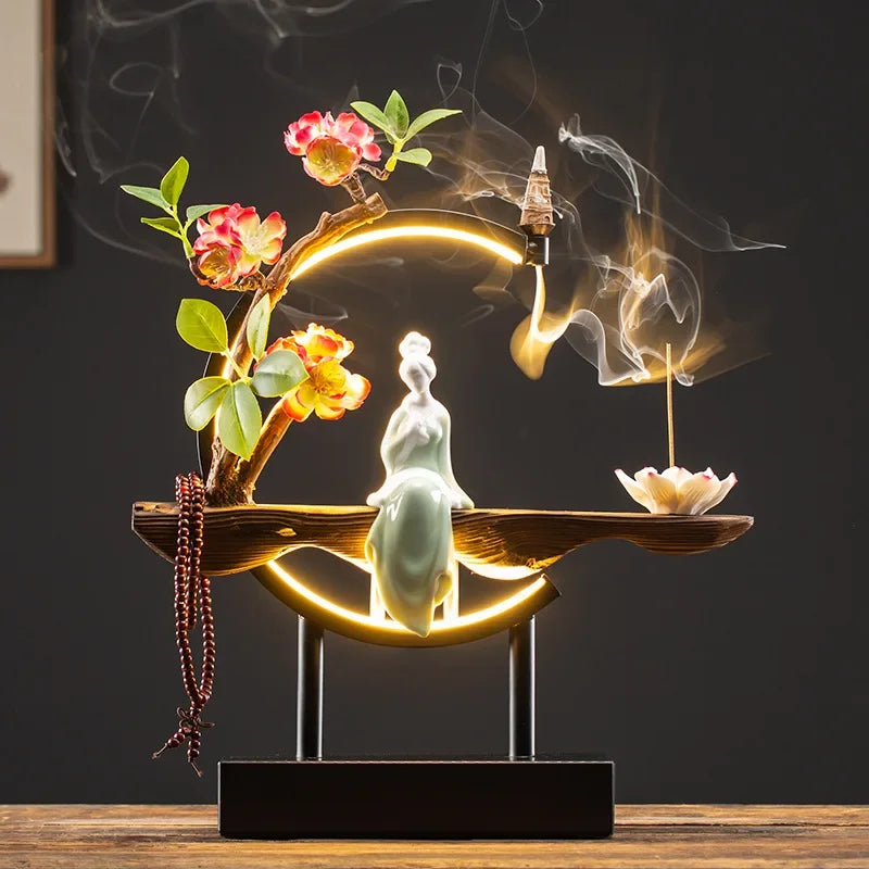 Censer Flower Incense Stick Rack Waterfall Backflow Incense Burner Lady Flower Ceramic Incense Holder with LED Light