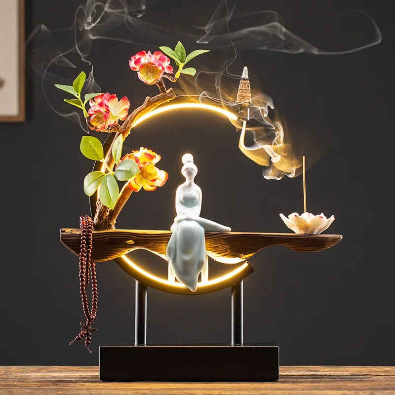 Censer Flower Incense Stick Rack Waterfall Backflow Incense Burner Lady Flower Ceramic Incense Holder with LED Light