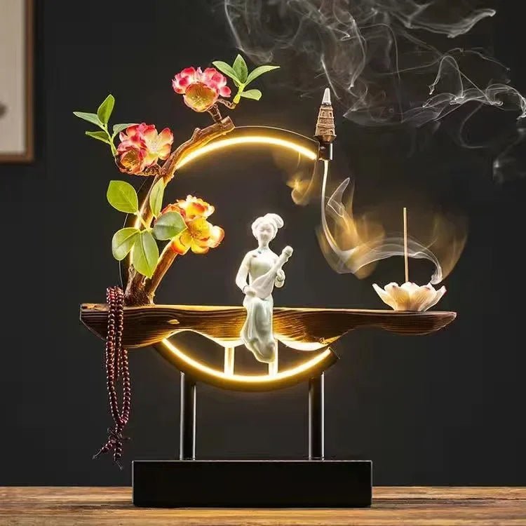 Censer Flower Incense Stick Rack Waterfall Backflow Incense Burner Lady Flower Ceramic Incense Holder with LED Light