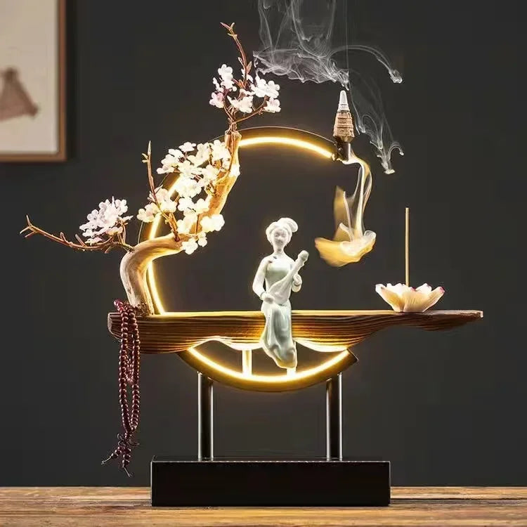 Censer Flower Incense Stick Rack Waterfall Backflow Incense Burner Lady Flower Ceramic Incense Holder with LED Light