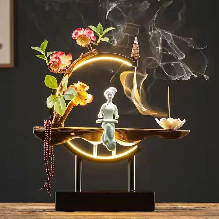 Censer Flower Incense Stick Rack Waterfall Backflow Incense Burner Lady Flower Ceramic Incense Holder with LED Light