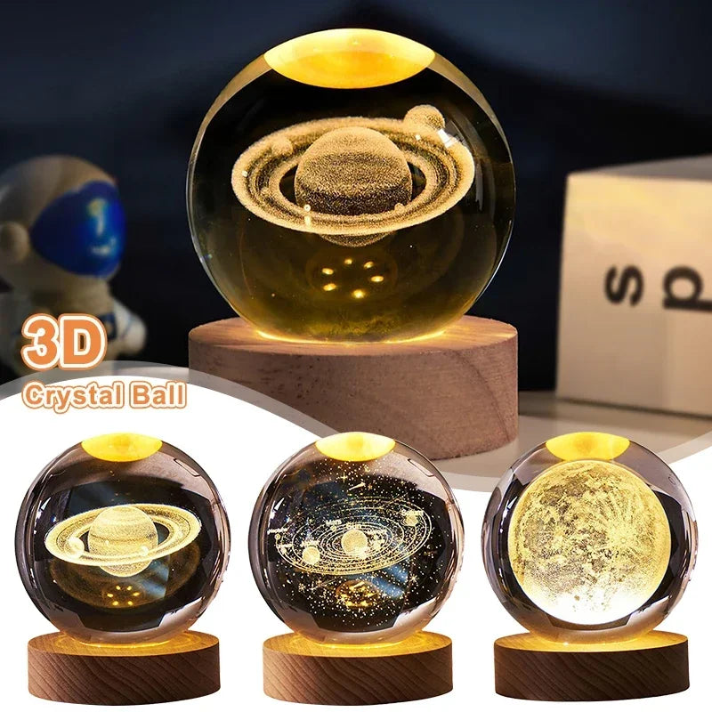 3D Luminous Crystal Ball LED Night Light - Saturn Solar System & Moon Table Lamp, USB Powered Bedroom Atmosphere Lamp